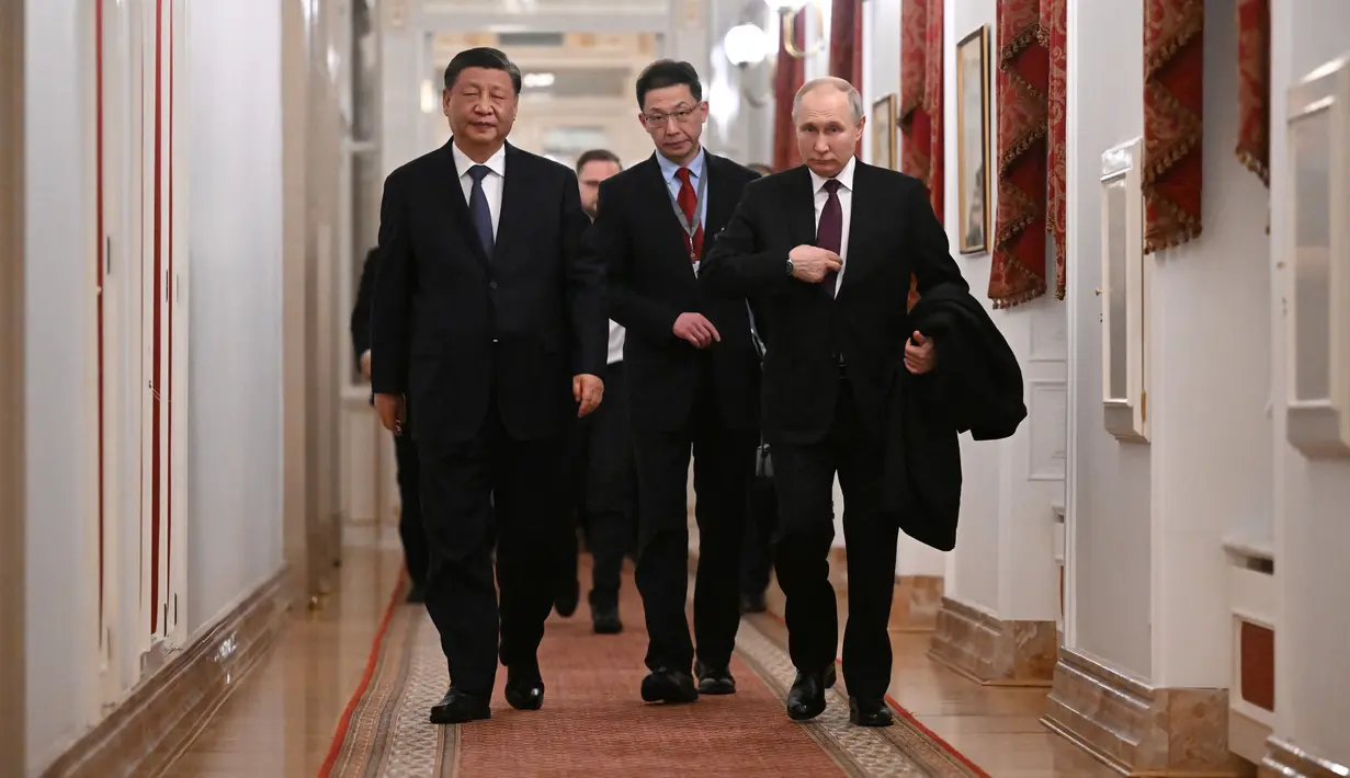 Presiden China Xi Jinping telah tiba di Moskow pada Senin (20/3/2023).  (Grigory Sysoyev, Sputnik, Kremlin Pool Photo via AP)