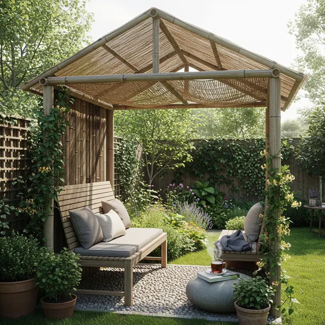 Desain Halaman Belakang Rumah Kecil dengan Gazebo Mini (Image by Gemini)