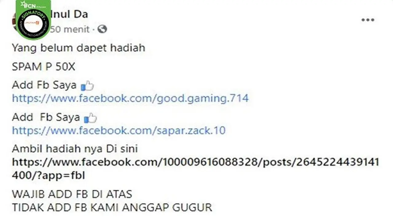 Gambar Tangkapan Layar Kabar Hoaks tentang Inul Bagi-bagi Hadiah di Facebook