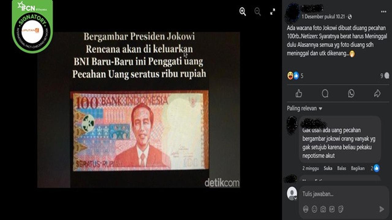 Gambar tangkapan layar foto yang diklaim uang kertas pecahan Rp 100 bergambar Presiden ke-7 RI Jokowi. (sumber: Facebook)