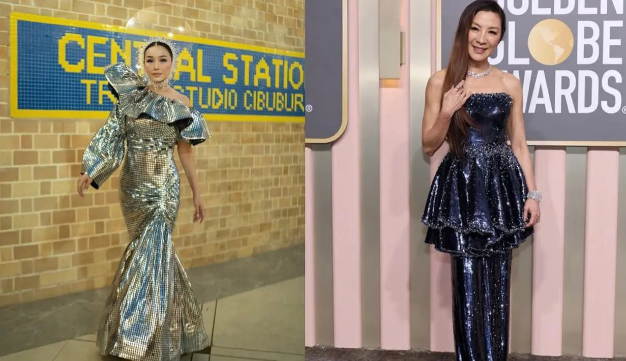 Untuk tampilan glamor, keduanya juga memilih dress bling-bling. [Foto: IG/ti2dj/michelleyeoh_official].