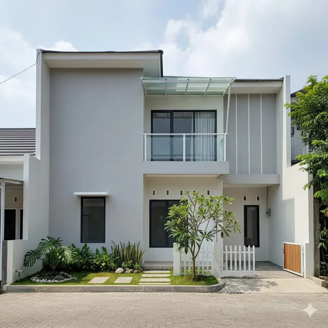 Model Rumah 2 Lantai Hemat Biaya dengan Atap Datar. Gemini