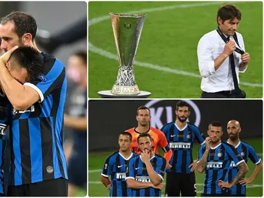 Inter Milan harus mengubur mimpi mereka untuk mengangkat trofi juara Liga Europa 2019/2020 usai takluk oleh Sevilla di babak final. Berikut ragam ekspresi Antonio Conte dan pemain Inter Milan usai kalah di final Liga Europa. (kolase foto AFP)