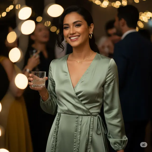 Wrap Dress V-Neck dengan Aksen Ruffle Vertikal