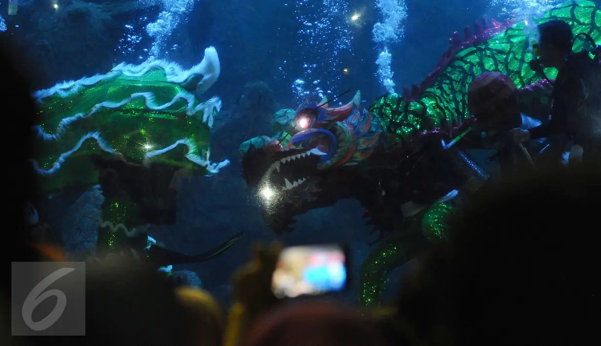 Pemain barongsai dan Liong beraksi di dalam kolam SeaWorld, Ancol, Jakarta, Sabtu (28/1). Atraksi barongsai dan Liong ini untuk memeriahkan perayaan Tahun Baru Imlek 2568. (Liputan6.com/Helmi Fithriansyah)