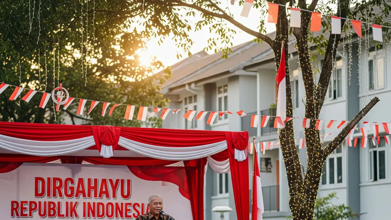 Foto ilustrasi ketua lingkungan perumahan yang sedang memberikan kata-kata sambutan di acara 17 Agustus.