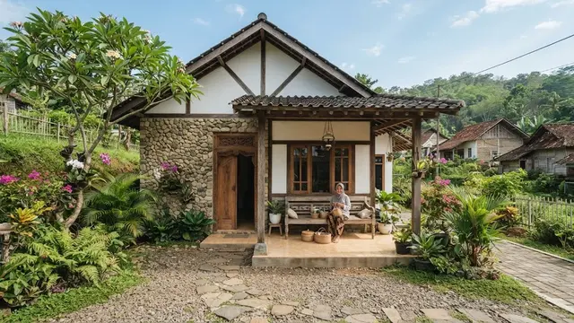 Rumah kampung dengan kayu dan batu alam yang nyaman untuk masa tua model dengan dinding batu alam