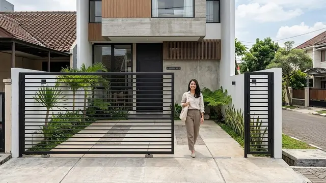Model Pagar Geser Besi Hollow Minimalis dengan Garis Horizontal (AI Generated)