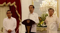 Presiden Joko Widodo didampingi Wakil Presiden Jusuf Kalla dan Mensesneg Pratikno (Liputan6/Faizal Fanani)