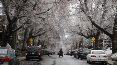 Seseorang menyeberang jalan saat es di atas dahan pohon terlihat setelah hujan es melanda sebagian Quebec dan Ontario di Montreal, Kanada, pada 5 April 2023. (AFP/Andrej Ivanov)