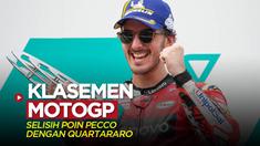 Berita motion grafis klasemen sementara MotoGP 2022, di mana Pecco Bagnaia berselisih 23 poin dengan Fabio Quartararo setelah seri di Malaysia.