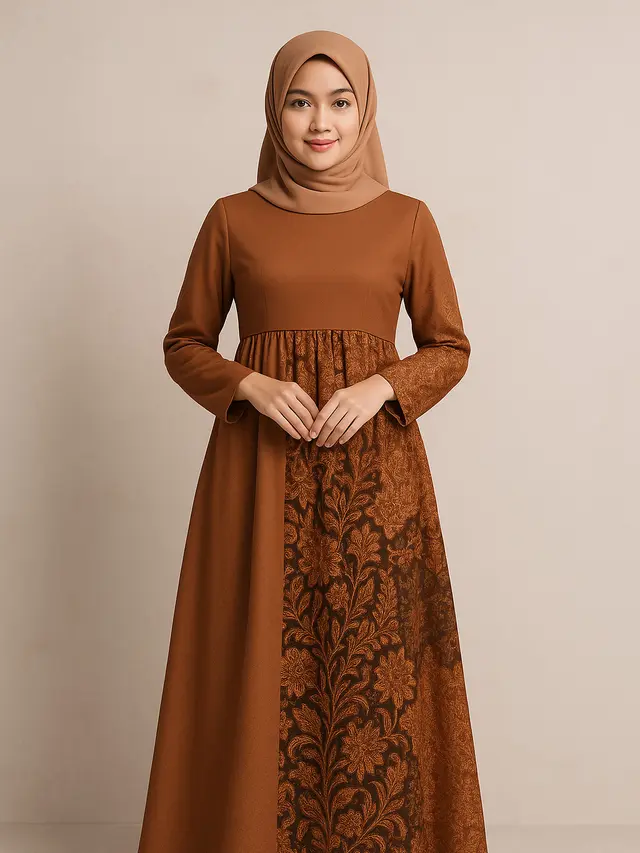 Model Dress Batik Panjang Muslim Kombinasi Polos dan Brokat