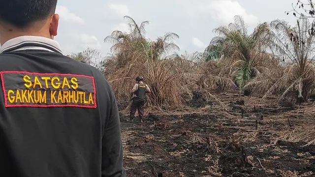 Satgas Gakkum Karhutla Riau di lokasi perusahaan pembakar lahan penyebab kabut asap di Riau.