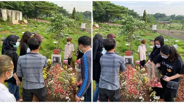 6 Momen Keluarga Teddy Syach Ziarah ke Makam Mendiang Rina Gunawan