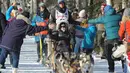 Para penonton menyambut peserta dan gerombolan anjingnya saat perlombaan kereta luncur anjing Trail Iditarod di Anchorage, Alaska, 2 Maret 2019. Perlombaan tahunan itu diadakan dengan menempuh jarak sejauh 1.609 km ke kota Nome. (AP/Michael Dinneen)