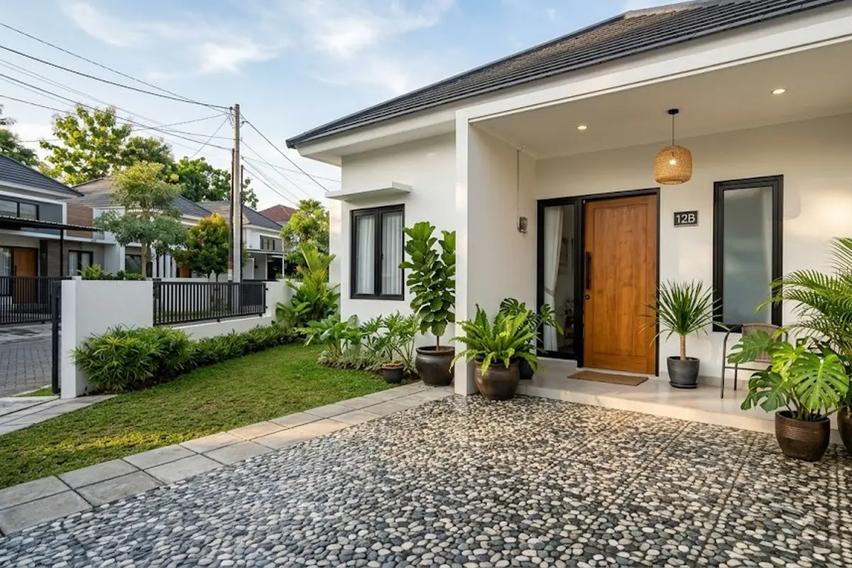 Model Teras dengan Lantai Batu Sikat yang Elegan