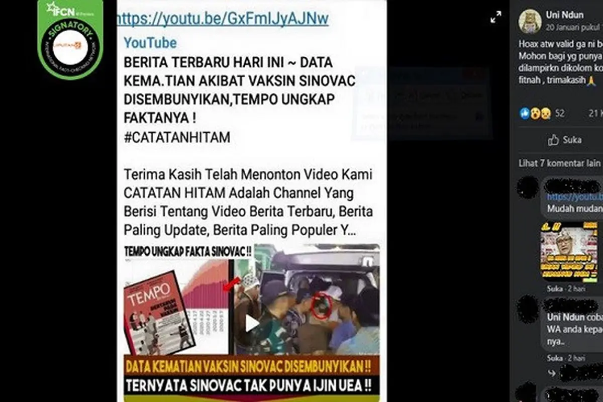 Gambar Tangkapan Layar Kabar tentang Data Kematian Akibat Vaksin Sinovac Disembunyikan (sumber: Facebook)