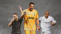 Ilustrasi - Francesco Totti, Gianluigi Buffon, Ronaldo Nazario (Bola.com/Adreanus Titus)