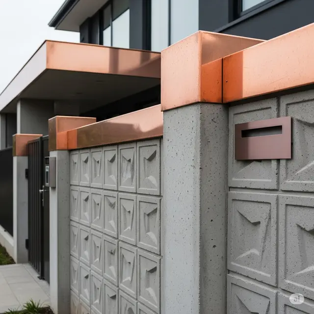 Pagar Beton Bertekstur dengan Aksen Logam Tembaga