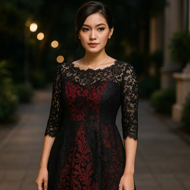 7 Model Dress Batik Brokat Warna Merah dan Hitam, Elegan Cocok untuk Acara Malam