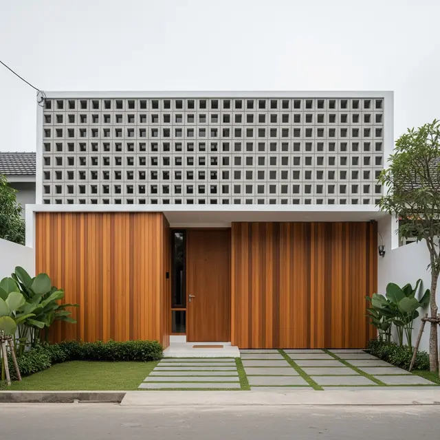 Kombinasi Roster dan Kayu untuk Fasad Rumah Minimalis (AI)