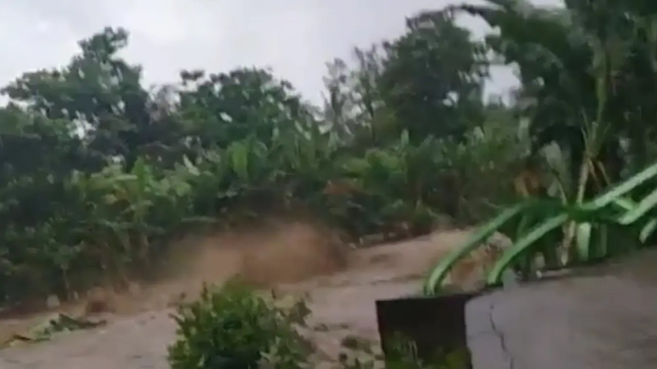 Jembatan gantung Koro Bera, Kecamatan Mego, Kabupaten Sikka ambruk diterpah banjir.(Liputan6.com/ Dionisius Wilibardus)