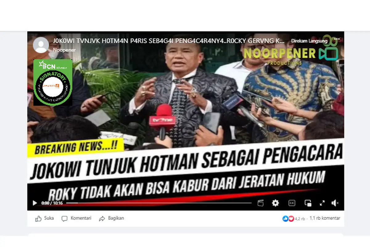 Tangkapan layar klaim video Jokowi tunjuk Hotman Paris sebagai pengacara untuk hadapi Rocky Gerung