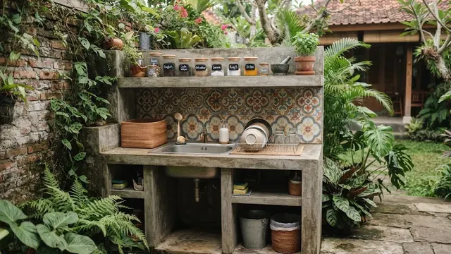 Desain Tempat Cuci Piring Belakang Rumah dengan Meja Cor Dua Tingkat
