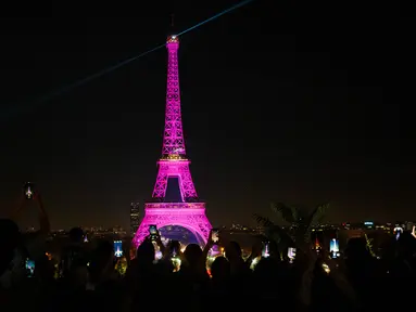 Foto yang diambil dari alun-alun Trocadero ini menunjukkan Menara Eiffel yang diterangi dengan warna merah muda di Paris pada tanggal 1 Oktober 2023. (Dimitar DILKOFF/AFP)