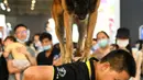Seorang pelatih melakukan pelatihan anjing dalam ajang Pameran Hewan Peliharaan Internasional Chengdu di Chengdu, Provinsi Sichuan, China, Minggu (19/7/2020). Pameran Hewan Peliharaan Internasional Chengdu ke-9 berakhir pada 19 Juli 2020. (Xinhua/Wang Xi)