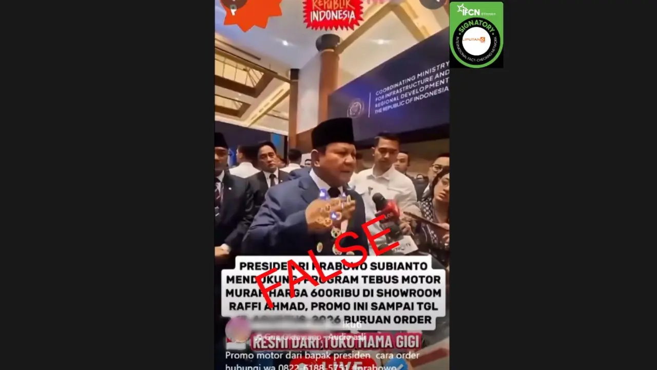 Cek Fakta Liputan6.com mendapati klaim video Presiden Prabowo mengumumkan program promo sepeda motor murah Rp 600 ribu.