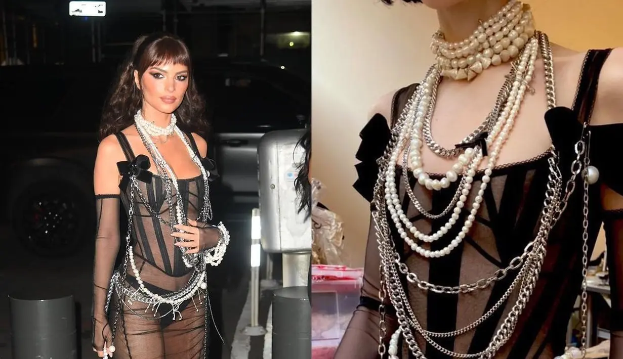 Begitu pun dengan Emily Ratajkowski yang juga mengenakan gaun tembus pandang dengan detail mutiara.  [Foto: IG/catwalkats].