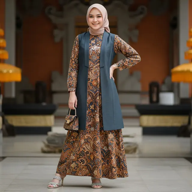 Tren Gamis Batik Hijab dengan Outer Rompi