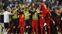 Para pemain Belgia merayakan kemenangan atas Brasil pada laga perempat final Piala Dunia di Kazan Arena, Kazan, Jumat (6/7/2018). Belgia menang 2-1 atas Brasil. (AP/Francisco Seco)