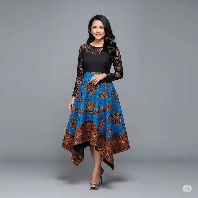 Model Batik Potongan Fit and Flare Kombinasi Brokat yang Elegan.