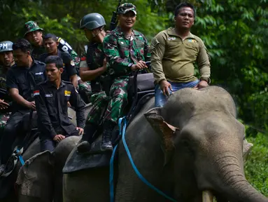 Polisi militer Indonesia dan penjaga taman nasional dibantu gajah jinak melakukan patroli keliling hutan di kawasan hutan Ulue Masen, provinsi Aceh, Sabtu (27/4/2019). Patroli keliling tersebut guna menjaga kelestarian alam dan satwa liar dari ancaman kepunahan. (CHAIDEER MAHYUDDIN/AFP)