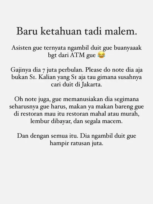 <p>Awkarin mengungkapkan kronologi itu di akun Instagram pribadinya. Ia menjelaskan jika asistennya baru ketahuan mencuri uang pribadinya. [Foto: instagram.com/narinkovilda]</p>