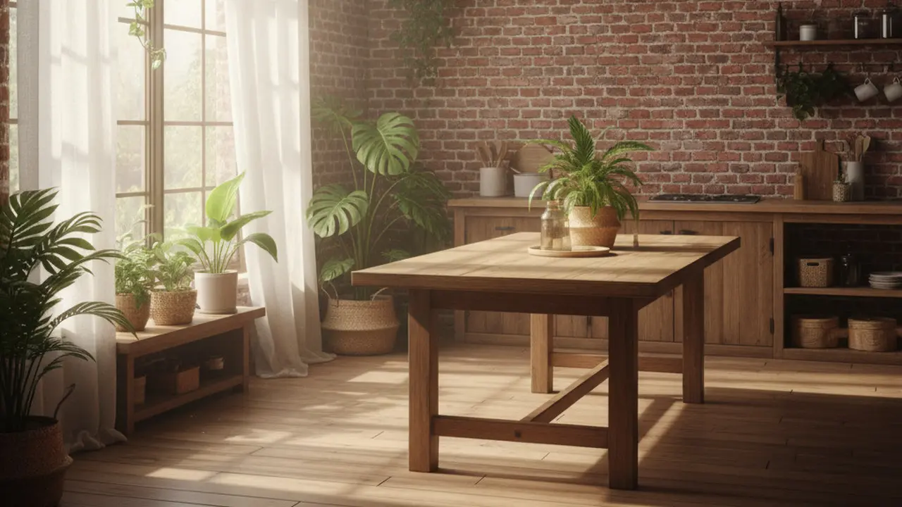 Model Dapur Rustic Tropis dengan Pencahayaan Alami dan Dinding Bata Merah. Gemini