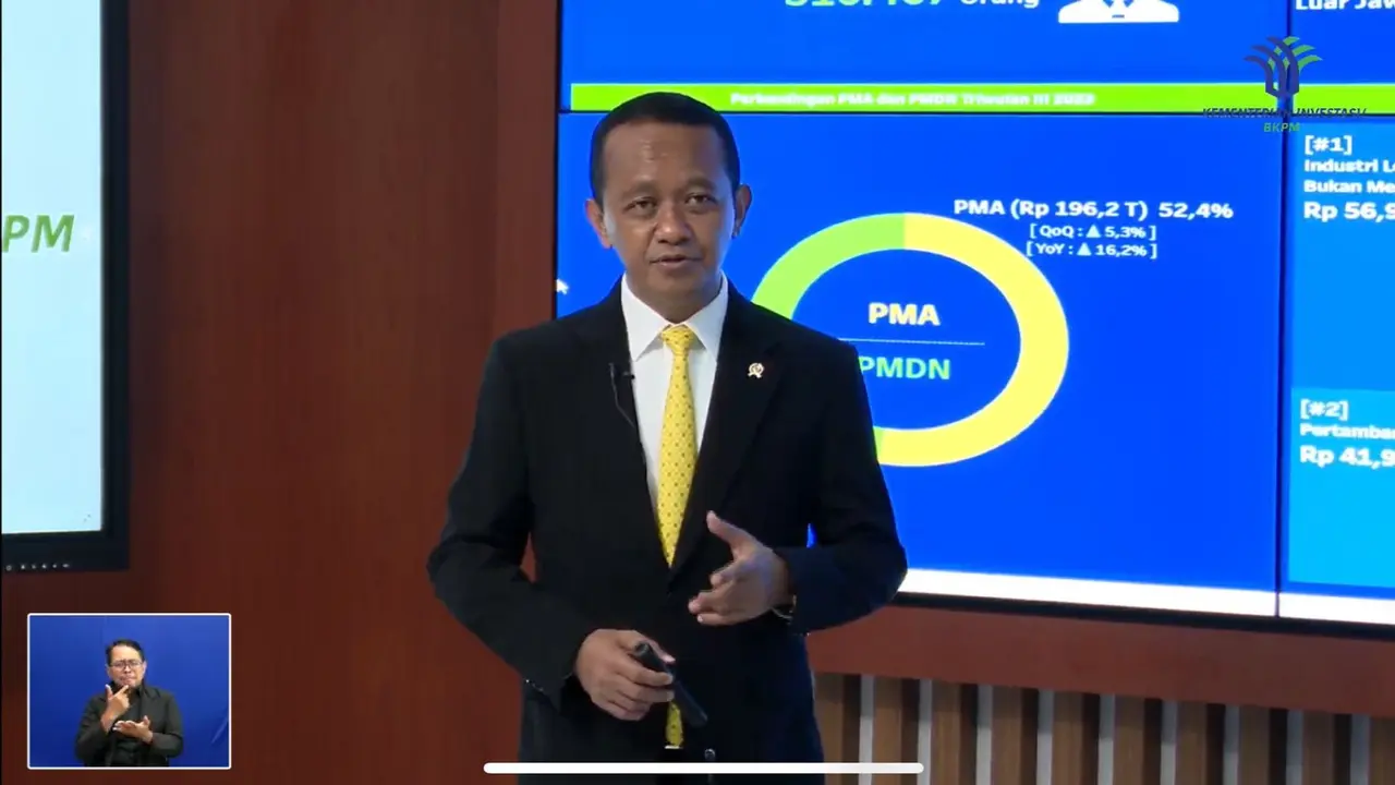 Menteri Investasi/Kepala BKPM Bahlil Lahadalia konferensi pers Capaian realisasi investasi kuartal III 2023, di Kantor Kementerian Investasi/BKPM, Jakarta, Jumat (20/10/2023). (Tira/Liputan6.com)