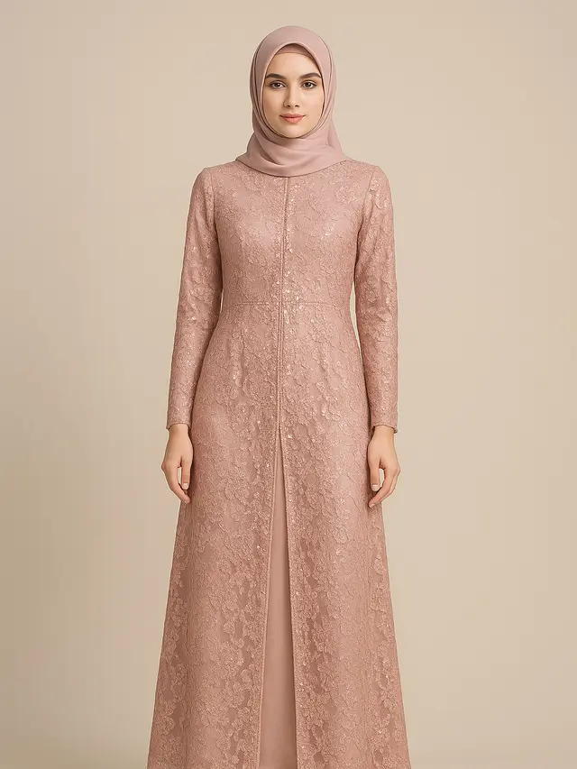 Model Gamis Brokat Belah Tengah Kombinasi Payet