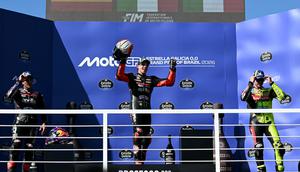 Selebrasi Marco Bezzecchi usai menang di MotoGP Brasil 2026 (AFP)