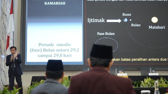 Anggota Tim Hisab dan Rukyat Kementerian Agama Cecep Nurwendaya dalam Sidang Isbat penetapan Lebaran Idul Fitri 1 Syawal 1445 H.