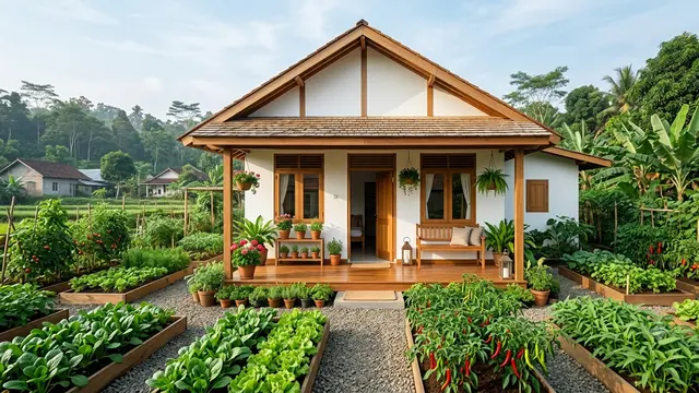 Inspirasi Rumah Desa dengan Kebun Sayur Mengelilingi Halaman. Gemini