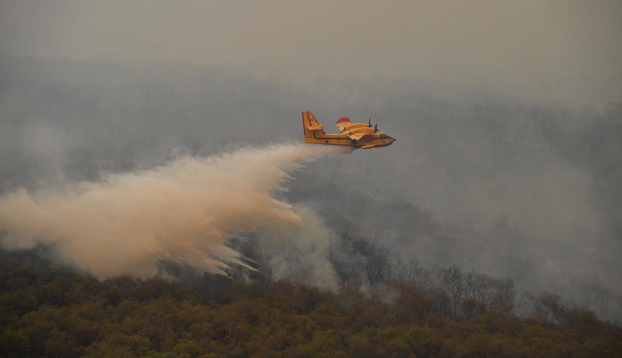 Pesawat pemadam kebakaran menurunkan air untuk memadamkan api yang disebabkan oleh suhu ekstrem di Larache, Maroko utara, Jumat (15/7/2022). Petugas pemadam kebakaran dan militer berjuang untuk menahan beberapa kebakaran hutan di Maroko utara, ketika ratusan warga mengungsi dari rumah mereka karena kobaran api yang melanda petak besar hutan pinus. (AP Photo)