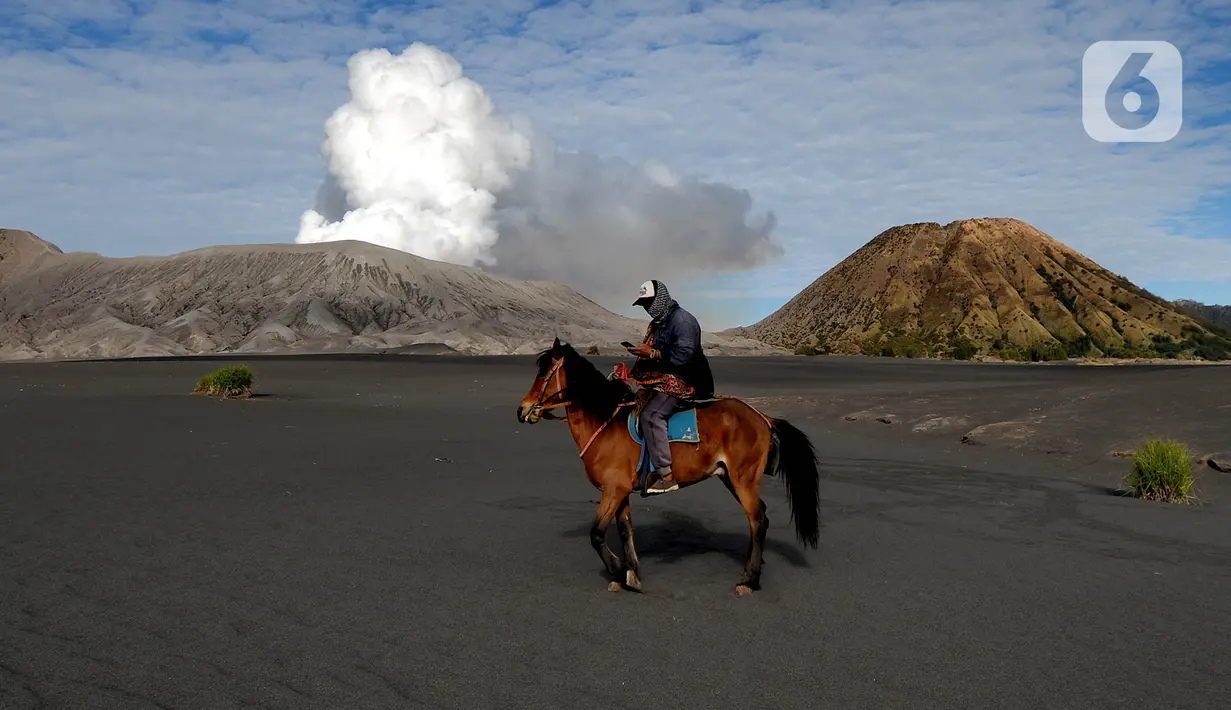 Pemilik kuda berkeliling di lautan pasir Gunung Bromo, Probolinggo, Jawa Timur, Jumat (10/9/2021). Balai Besar Taman Nasional Bromo Tengger Semeru (BB-TNBTS) mulai membuka pintu masuk kawasan wisata Bromo melalui Kabupaten Probolinggo. (merdeka.com/Arie Basuki)