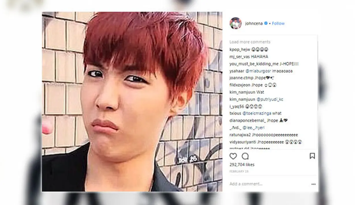 Saat diwawancarai surat kabar di Inggris, ia pun ditanya mengapa mengunggah foto J-Hope dan BTS. (Foto: instagram.com/johncena)