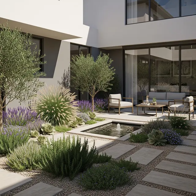 Taman Mediterania untuk Rumah Modern yang Elegan dan Menenangkan (AI Generated)