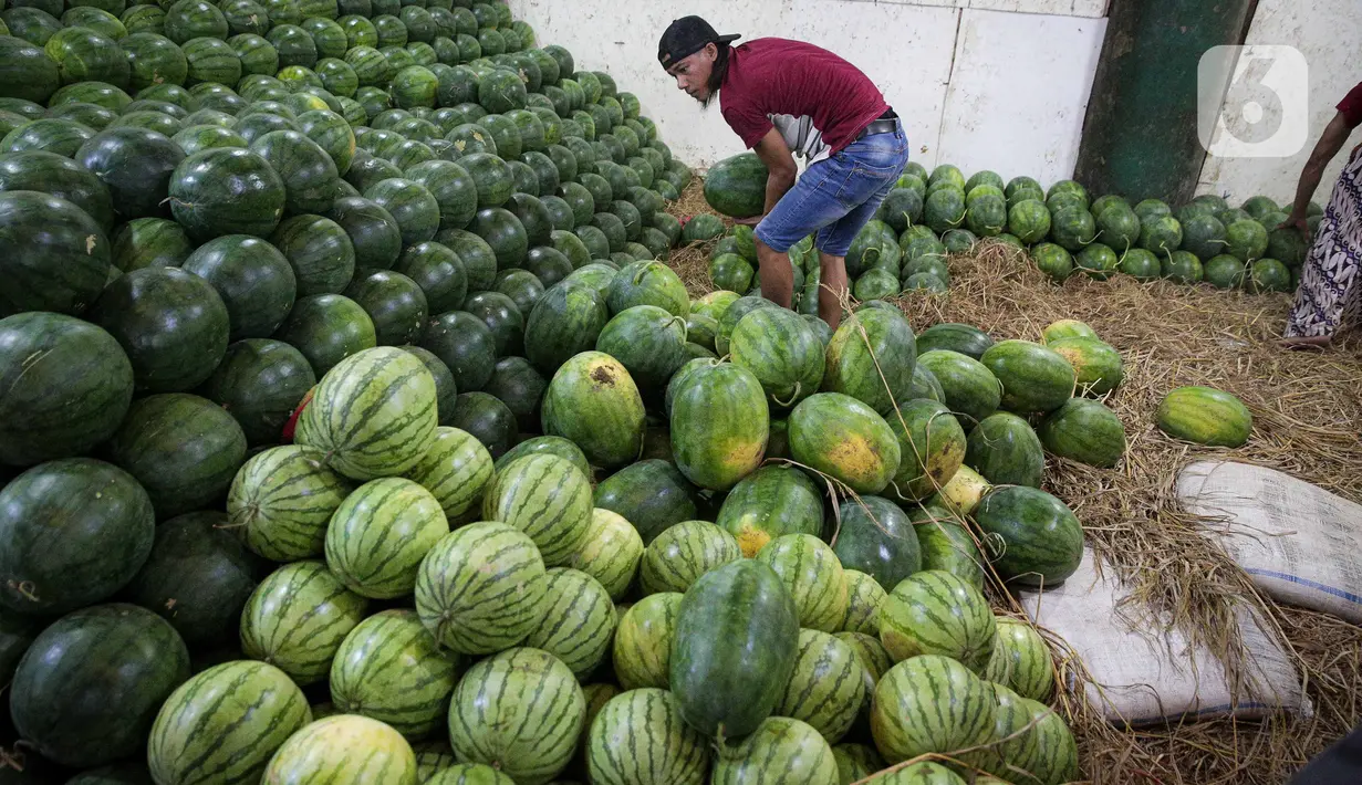 Pedagang menata semangka di Pasar Induk Sayur Buah Kramat Jati, Jakarta, Selasa (5/4/2022). Memasuki bulan suci Ramadhan, permintaan buah-buahan mengalami peningkatan untuk diolah menjadi menu berbuka puasa. (Liputan6.com/Faizal Fanani)