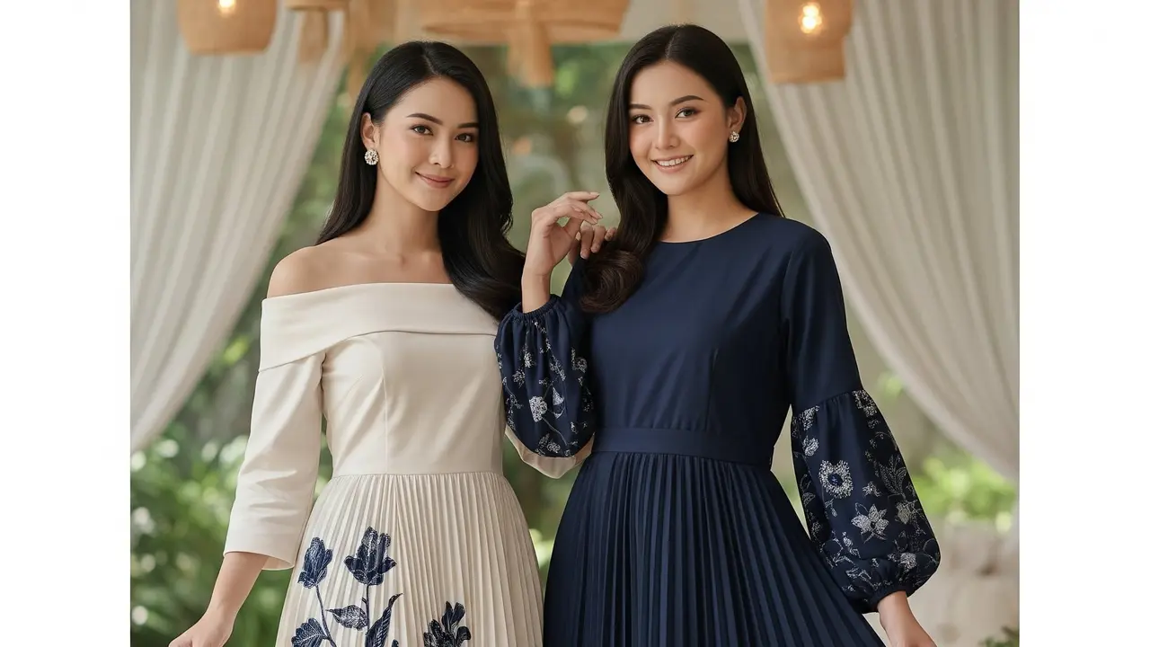 Dress Batik Kombinasi Plisket Lengan Panjang Elegan 2025