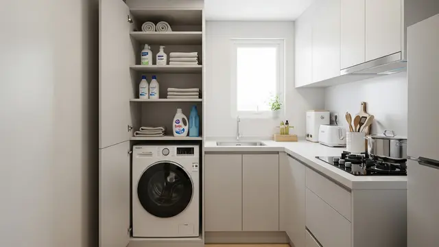 Dapur dan Area Cuci Menyatu dengan Lemari Dapur